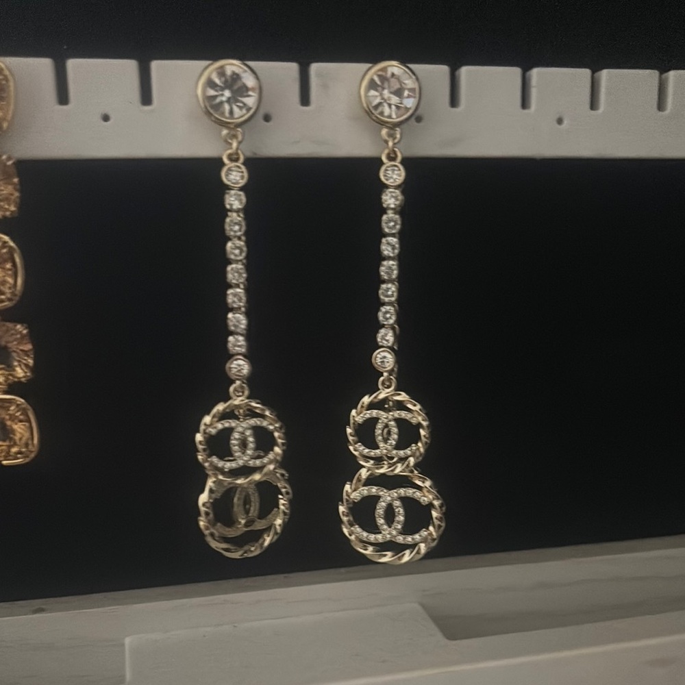 Chanel Gold and Silver Dangle Earrings with CC logo